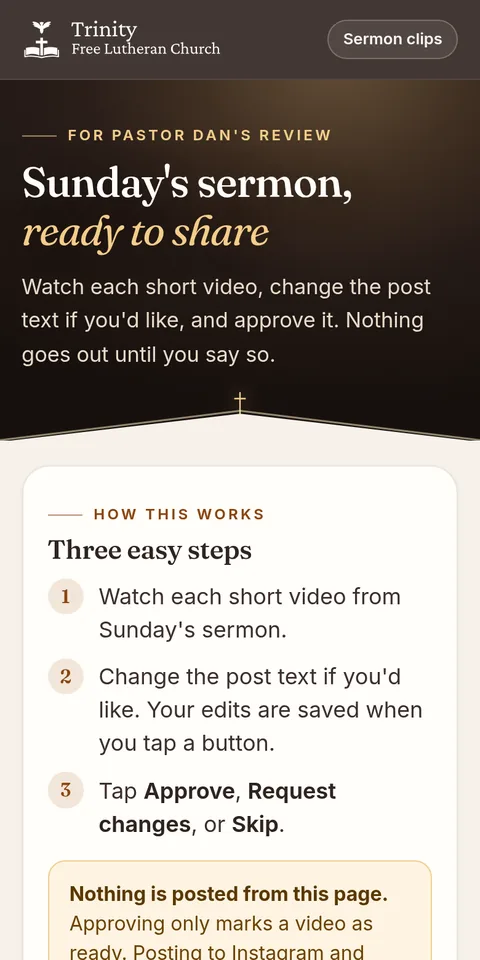 The clip review page on a phone: Sunday’s sermon, ready to share, with simple steps to watch, edit the post text and approve.